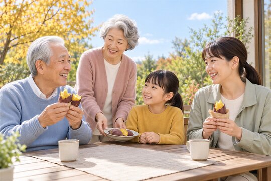 秋の庭で焼き芋を囲んでおやつの時間を楽しむ三世代家族