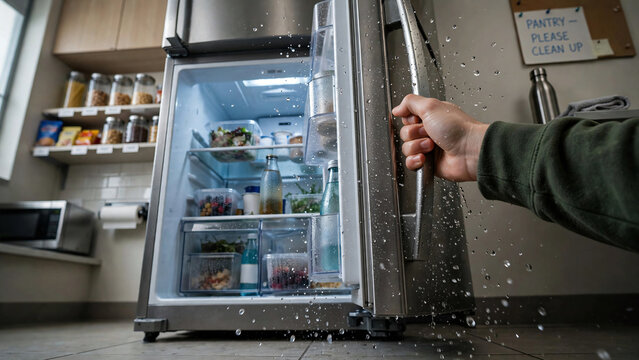Hand opening ice maker refrigerator with water droplets