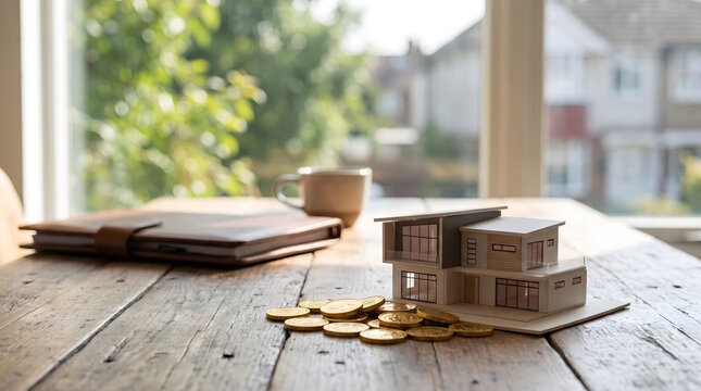 A miniature house model and gold coins placed on a wooden table by a window, with a notebook and cup nearby, representing real estate investment.