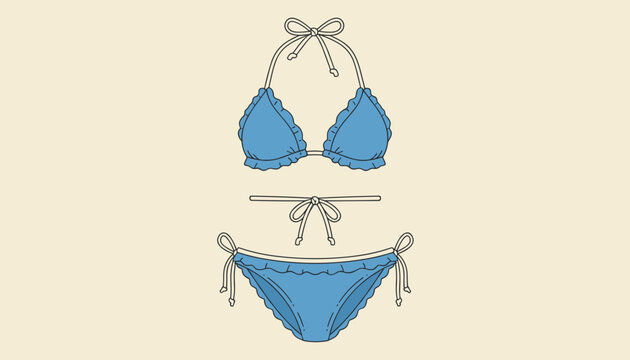 Classic two-piece blue bikini swimsuit with ruffles and ties isolated on a soft pastel cream background.