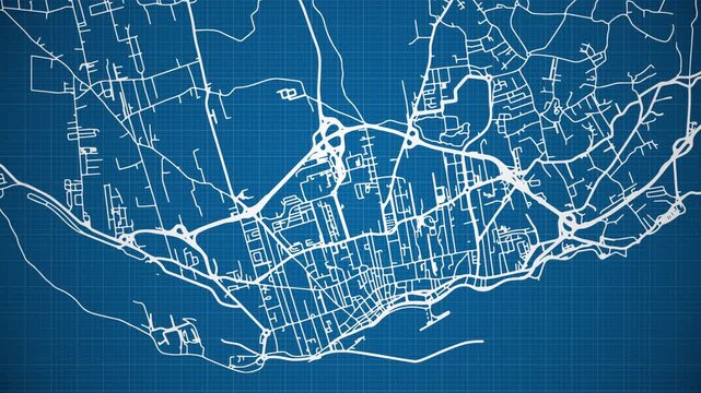 Ink reveal animation of Ponta Delgada city, Portugal, grid map. Aerial top view. Blueprint style. White lines with blue background. 4K Seamless loop.