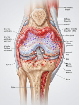 3D medical illustration of Rheumatoid Arthritis knee joint showing pannus, joint effusion, and damaged cartilage with anatomical labels.