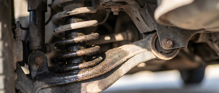 A close-up view of a dirty, worn automotive suspension assembly including coil spring, control arm and bolt.