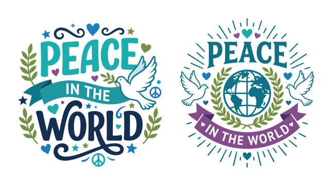 Set of two artistic typographic designs for peach day vector featuring doves and globe icons for global harmony and unity