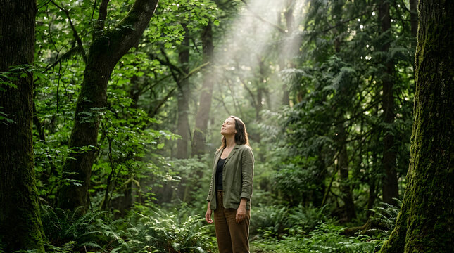 Woman standing in sunlit green forest glade