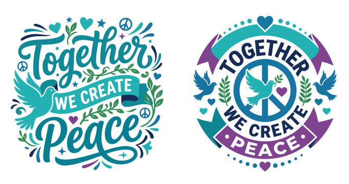 Colorful hand drawn illustrations for peach day vector design featuring inspirational quotes about creating peace together with doves and symbols