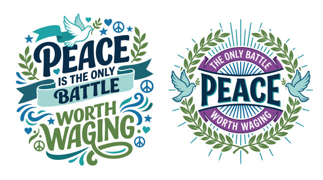 Set of two inspirational quotes about peace day vector art featuring floral wreaths and hand lettering for social media posts
