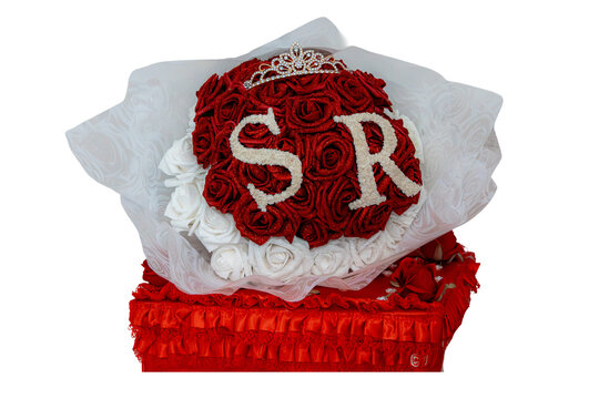 Personalized Red Rose Bouquet with Monogram Initials and Crown Cutout