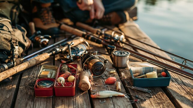 Fishing gear neatly arranged on a wooden pier during daylight with a person in the background representing outdoor recreation and leisure
