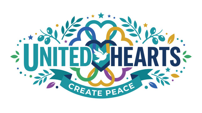 United hearts create peace typography design featuring floral elements and vibrant colors suitable for a peach day vector art project