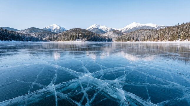 Blue ice surface covered with intricate cracks, frozen mountain lake beneath clear winter sky, pine covered hills