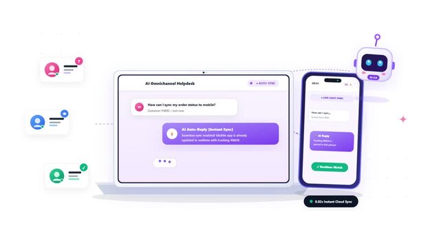 Animated graphic showing AI omnichannel helpdesk syncing between a laptop and a mobile phone for customer virtual assistant support