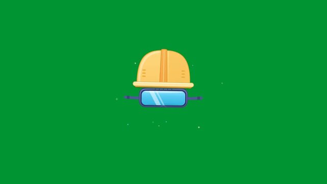Oil industry worker safety hard hat with protective goggles floating and pulsing in seamless loop animation on chroma key green screen background flat 2D graphic