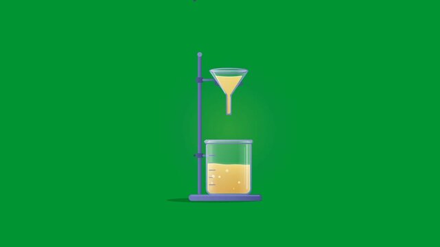 Oil industry laboratory filtration equipment dripping crude petroleum sample into glass beaker in seamless 2D vector motion graphics on green screen backdrop