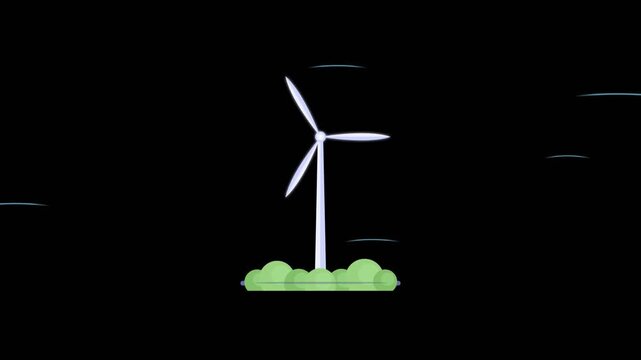 Animated wind turbine rotating blades for sustainable oil industry alternative energy transition on isolated black background in flat 2D graphic vector style