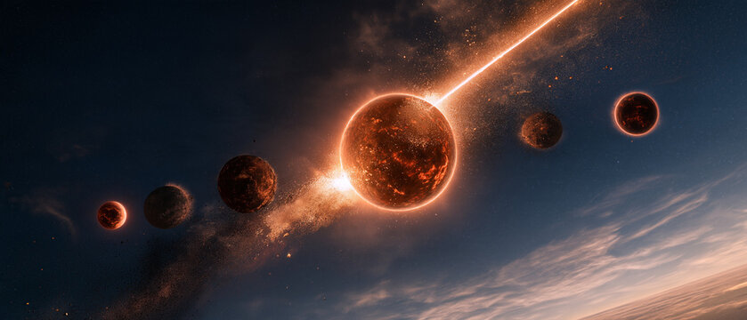 Ancient sun-shooting epic scene, multiple fading red suns floating in deep sky, gilded light arrow piercing firmament, embers and star sparks drifting, cosmic order reshaping visual asset