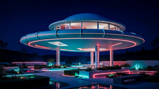 Maison contemporaine sur pilotis avec jardin, &eacute;clair&eacute;e dans la nuit
