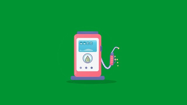 oil industry fuel pump dispenser station animating with flowing meter and nozzle on green screen background in modern flat 2D vector graphic motion design