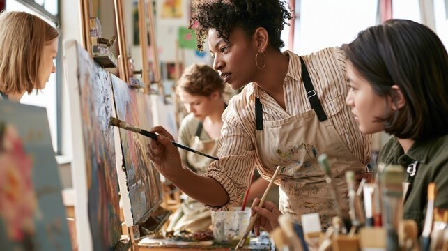 Diverse group of adults learning painting techniques in a bright studio with an instructor guiding