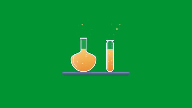 Petroleum oil industry laboratory flask and test tube bubbling yellow fuel liquid with rising particles on green screen background flat 2D vector animation loop