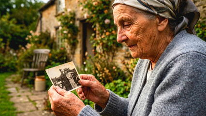 Fototapeta premium Elderly woman holding a vintage black and white photograph in a rustic garden setting