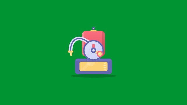 Industrial oil industry petroleum pump machine dripping liquid with rotating gauge meter on chroma key green background in 2D vector graphic animation loop