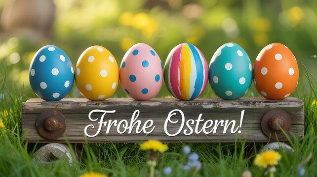 Colorful decorated easter eggs standing in a row on a rustic wooden plank in the green grass with frohe ostern