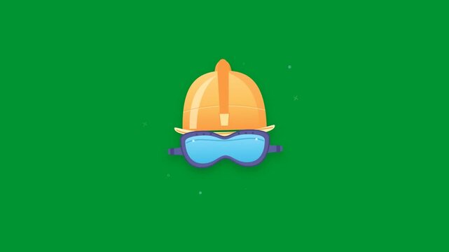 oil industry safety hard hat helmet with protective goggles glistening with light reflections in seamless loop on isolated green screen chroma key background in 2D animation
