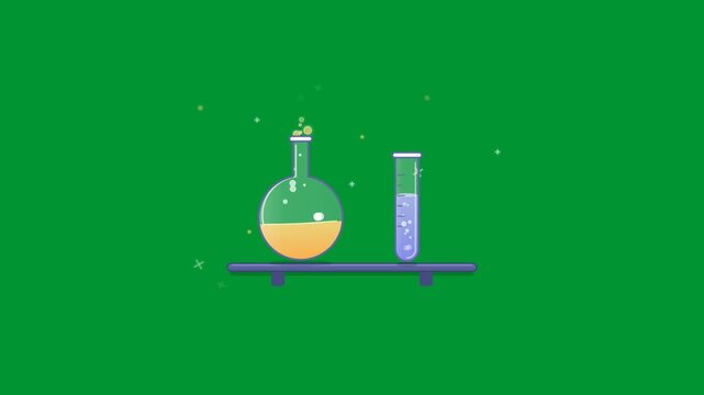 Oil industry laboratory glassware with bubbling crude petroleum liquid and chemical test tube boiling in seamless loop on green screen background in 2D animation style