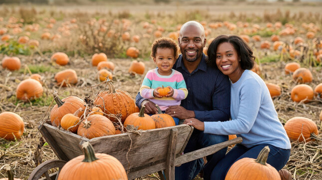 Multigenerational family choosing pumpkins together at a farm during autumn harvest, smiling parents and child enjoying an outdoor seasonal activity in a pumpkin patch for Halloween celebration