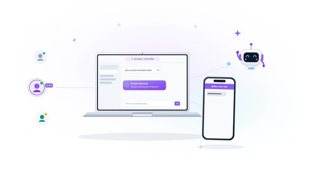 Flat vector animation of AI chatbot synchronizing mobile chat messages between a laptop and a smartphone device