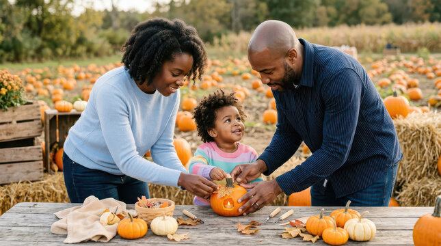 africanFamily preparing pumpkins together at an autumn farm, with parents and child decorating seasonal pumpkins outdoors, celebrating Halloween, fall harvest, family bonding and festive tradition fun