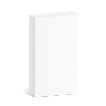 Realistic closed paperboard box mockup for design, presentation of medicine, food, cosmetic product. Half side view. 3D realistic editable vector illustration isolated on white background. EPS10.