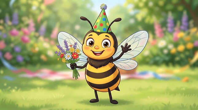 Cute cartoon bee character wearing party hat, happy bumblebee holding flower bouquet, cheerful insect in sunny garden setting