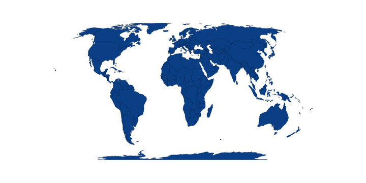 High-quality editable vector world map featuring distinct country outlines and internal borders in a modern blue color scheme. Created using the Equal Earth projection for accurate area representation