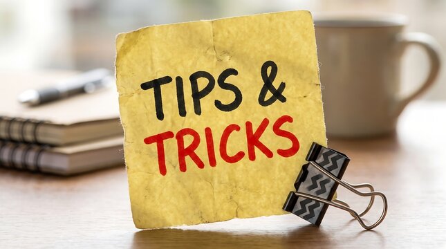 Tips and tricks handwritten message on yellow sticky note. Helpful advice and life hacks concept. Office desk with notebook and coffee cup.
