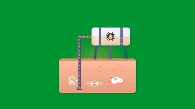 Animated 2D flat vector oil extraction underground pipeline pumping crude petroleum into industrial storage tank on green screen background in seamless loop