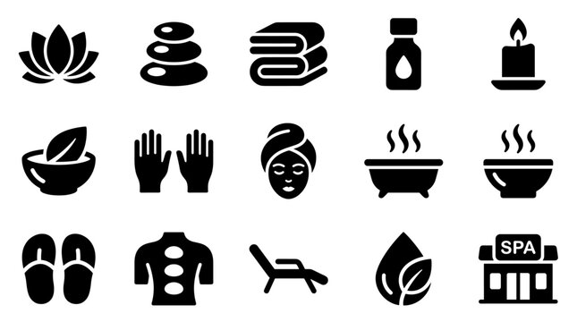 Set of fifteen spa and wellness icons representing relaxation beauty treatment and therapy