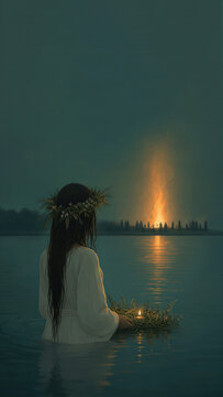 Woman wearing floral wreath standing in lake water during Ivan Kupala. Slavic summer solstice ritual, floating candle on wreath, night bonfire on shore, ancient pagan folklore tradition.