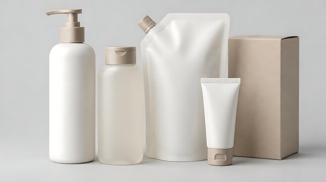 Minimalist skincare packaging mockup set featuring white pump bottle, spout pouch, cream tube, and cardboard box for cosmetic branding identity.