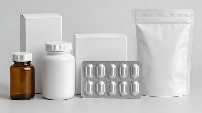 Blank pharmaceutical packaging collection featuring medicine bottles, boxes, pouch, and blister pack on grey background for medical mockup.