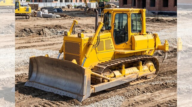 Yellow bulldozer on construction site, heavy machinery crawler for earthmoving, industrial tractor leveling ground for building project