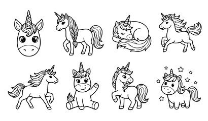 Obraz premium Fantasy Unicorn Cartoon Coloring Page Black White Vector Collection