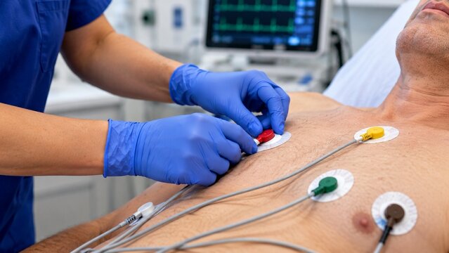 Detailed close-up of gloved healthcare professional placing adhesive ECG electrode on adult patient's upper chest