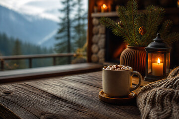 Obraz premium A mug of hot chocolate sits on a rustic wooden table indoors with a view of mountains outside.