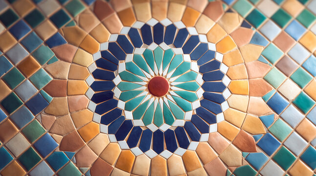 Traditional Moroccan Ceramic Mosaic Tile With Colorful Mandala Pattern