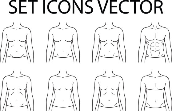 Male Body Types Line Icon Set: Torso Shapes, Weight Loss Transformation, Muscle Building, and Fitness Vector Outline
