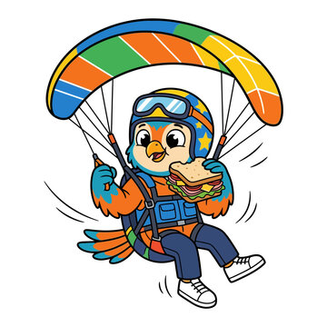Cute cartoon bird skydiver with sandwich, isolated on transparent background, colorful parachute