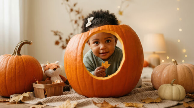 African American baby posing inside a large carved pumpkin for Halloween, surrounded by colorful pumpkins and cozy autumn decorations, a playful childhood moment and festive seasonal celebration