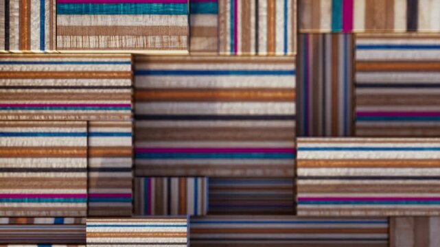 Abstract background with cubes shapes and vivid color lines and wood textures. Seamless loop fast animation with camera shifts focus 3d render 